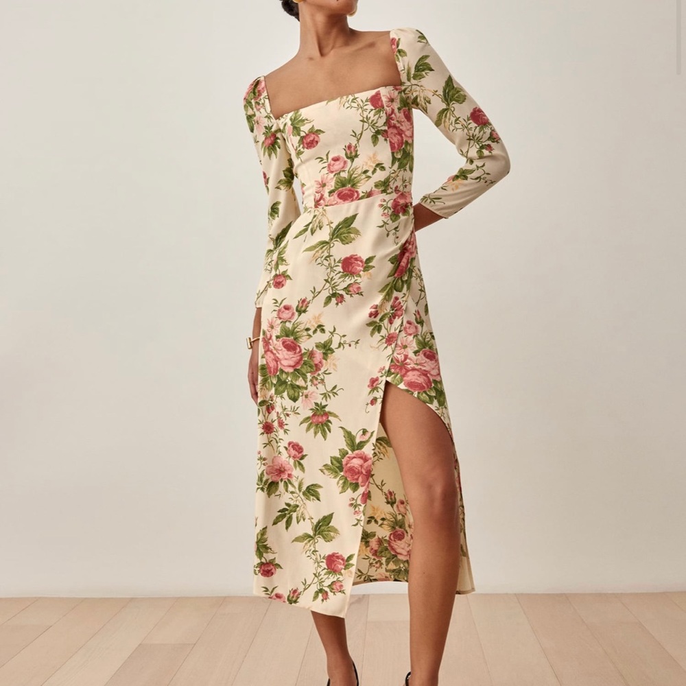 Reformation Cream and Pink Floral Long Sleeve Dress